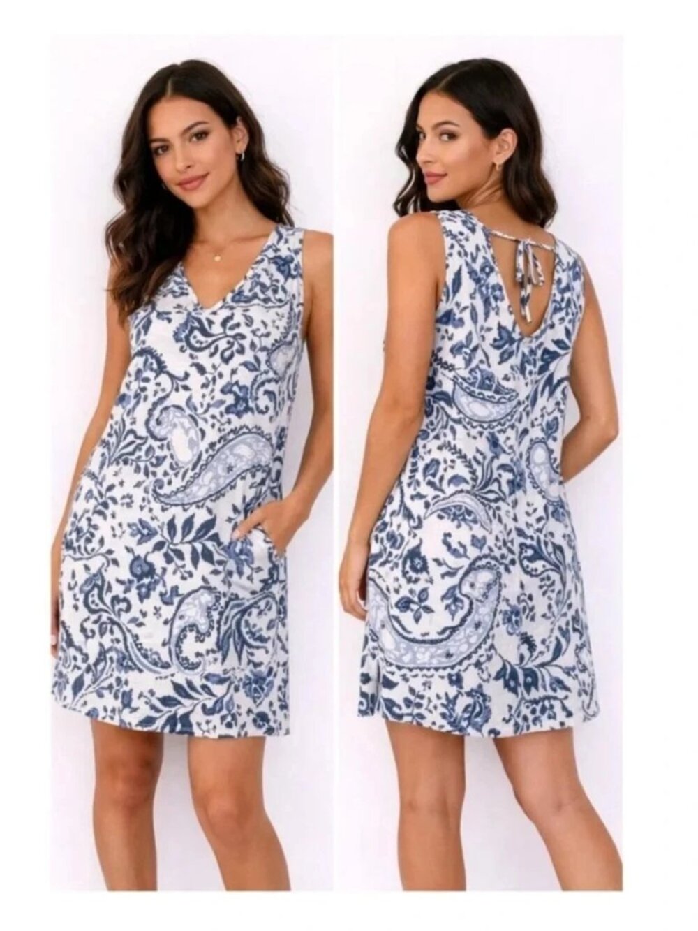 Lucky Brand 100% Linen Sleeveless Shift Dress Sz M Blue White Ikat Paisley Beach